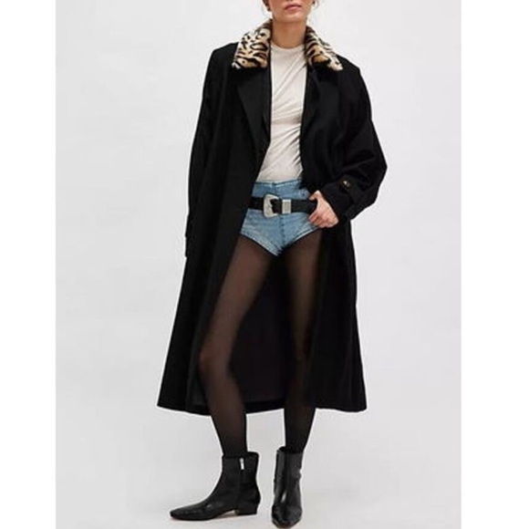 Free people need it Trench Coat with Leopard Print Collar size XL NWOT